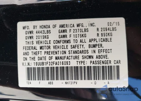 2015 Acura Tlx z USA, uszkodzony, nr VIN 19UUB1F32FA016093